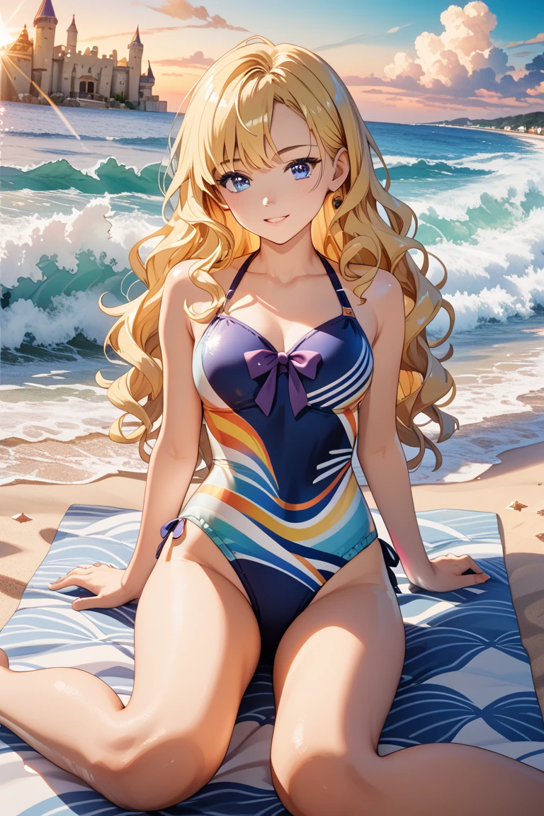 1girl, breasts, solo, blonde_hair, swimsuit, bad_face, yellow_eyes, hairclip, one-piece_swimsuit, hair_ornament, navel, cleavage, highleg, lips, twintails, highleg_swimsuit, large_breasts, thighs, shiny, navel_cutout, pigtails, shiny_skin, bare_shoulders, huge_breasts, parted_lips, skindentation, clothing_cutout, gradient_background, gradient, collarbone, cowboy_shot, standing, blue_one-piece_swimsuit, thick_thighs
