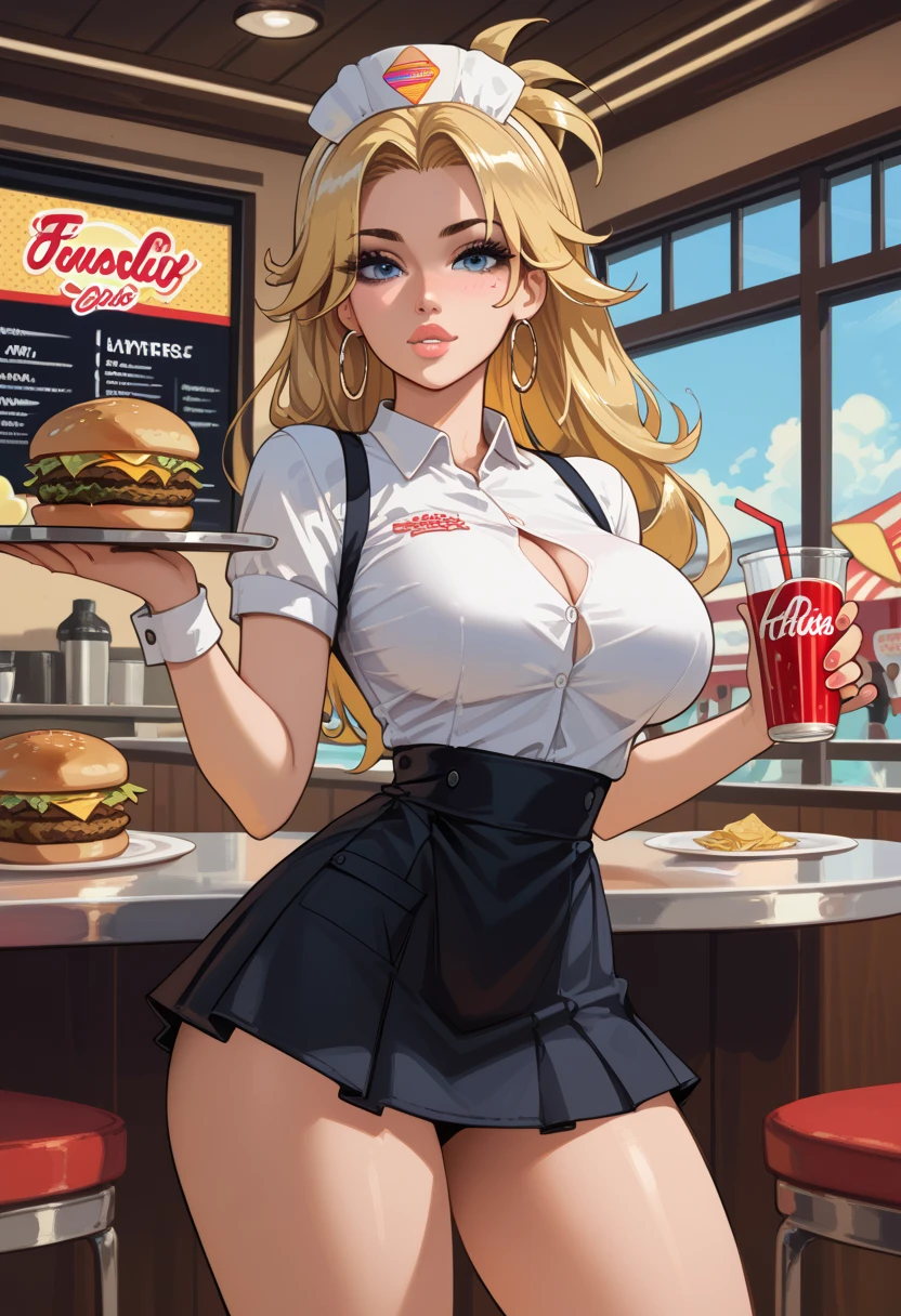 (Kate Upton), skinny, sitting in a pink expensive loveseat, straight-forward to the viewer, entire subject in view, matte black high-heels, long straight platinum-blonde hair, classic American southern-belle, large breasts, open blouse, tartan skirt, wet-look, shiny skin, incredible detail, masterpiece, freckles, bright pale pink lipstick, soft lips, shiny lips, thick eyebrows, incredibly beautiful, impossibly beautiful, long eyelashes, smoky black eyeshadow, black eyeliner, (((shiny sheer transparent black pantyhose))), small hips, freckled cleavage, bountiful breasts, late night, ominous lighting, ((eating a cheeseburger)),