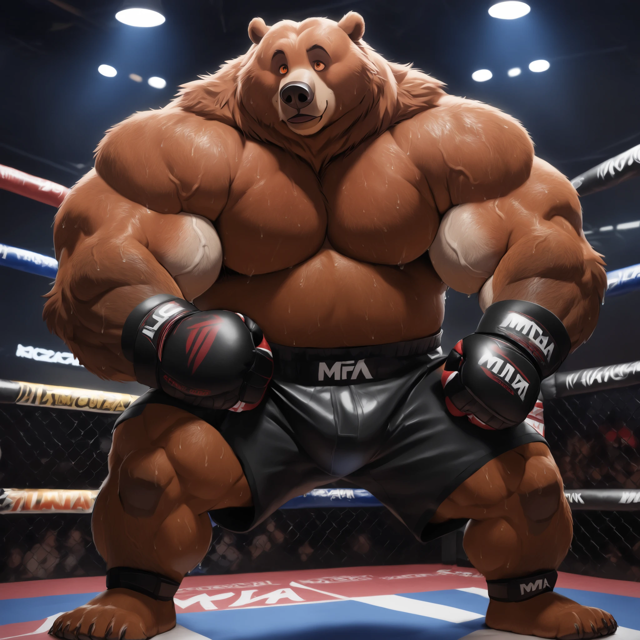 By Walt Disney, by Disney, 8K, masterpiece, Kodiak bear, male, Alone, kodiak brown bear, thick plump muscular, thick athletic, masculine, (nice eyes , orange eyes with pupils), MMA_gloves with knuckle pads, black MMA_trunks with red line slits, ankle support brace, MMA UFC Tournament background, full sweaty thick furry body, veiny arms, plump, bulging oversized muscles, (black outline), MMA_throw, dashing his punches, height: 220cm (7’8), 270kg (440lbs), t4r4nf1dd13r