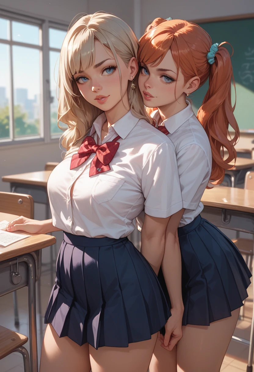 Two teen, skinny teen, sexy schoolgirls, touching each other, only bra , seethru, mini skirt pink plaid, really long hair ginger, double ponytails, perfect eyes, blush, teasing face, hot sensations, orgasme,