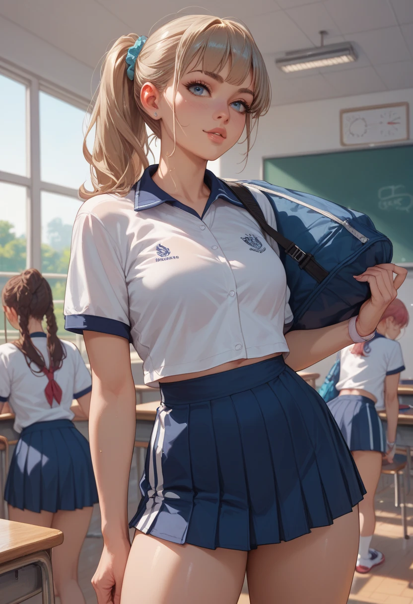 8k, best quality, masterpiece, clear, professional lighting, beautiful face, ultra high res, beautiful school girl, blond_hair ponytail, white school gym uniform, sport uniform, blue high_cut bloomers, more prism, vibrant color, , traditional Japanese pattern, ,underboob, shirt