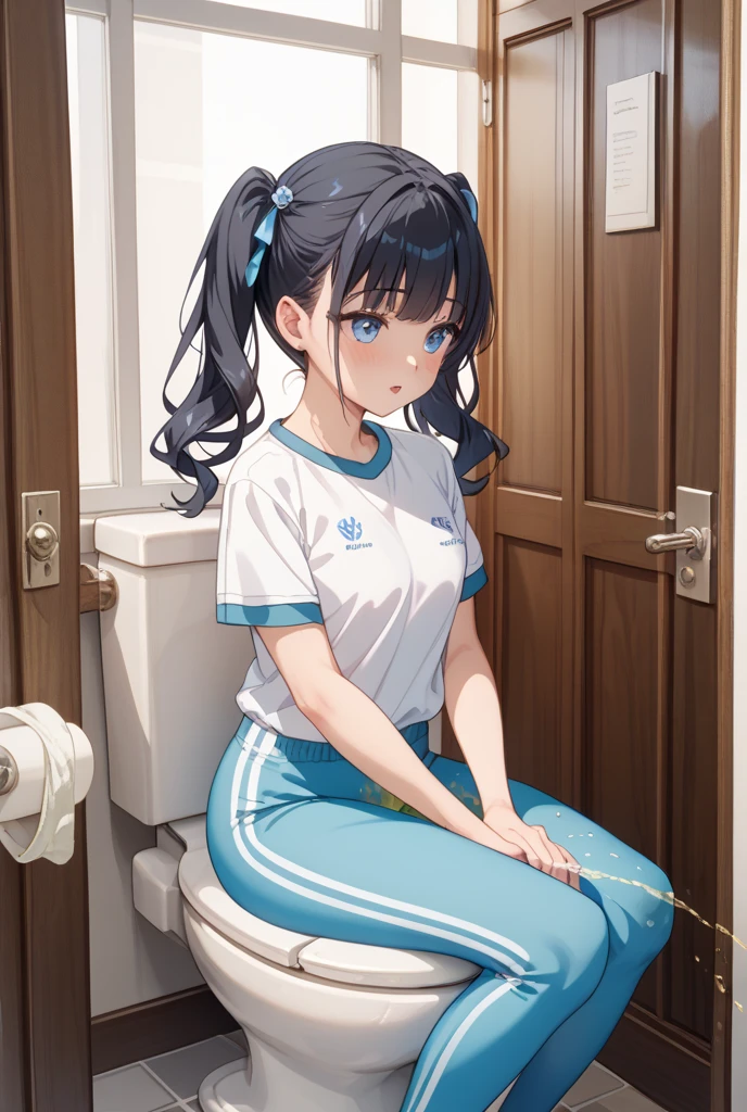 (High Resolution Illustration: 1.2), (Kawaii Girl: 1.0), (1 Girl, Solo: 1.0), (Black Hair, Ponytail: 1.0), (Swimsuit: 1.0), (Ultra Detailed, High Resolution, 4K: 1.0), Blush, Sweat, Toilet, Distress
