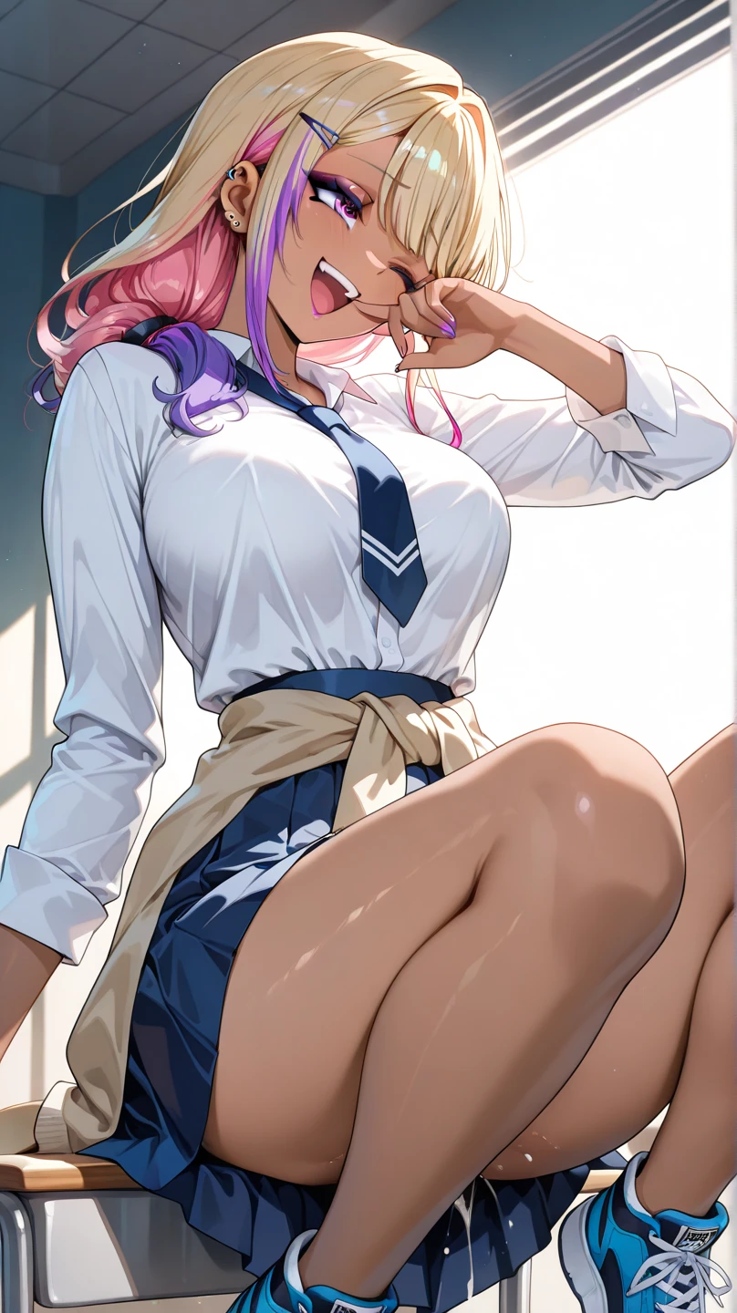 2,5d, girl, dark skin, beautiful, pink hair, long hair, high ponytail, brown eyes, curvy thighs, thick hips, thin waist, big breasts, big ass, light chubby, detailed eyes, detailed face, detailed body, adult, tall, detailed evening, detailed classroom, make up, white shirt, baige sweater with neckline, white skirt, white tight stockings, piercing in nose, pank girl, sitting on desk, annoyed, bully, knees up, feet on desk, arm's resting on knees, gold earrings, gold bracelets, head laying down on hands, side view, looking at viewer