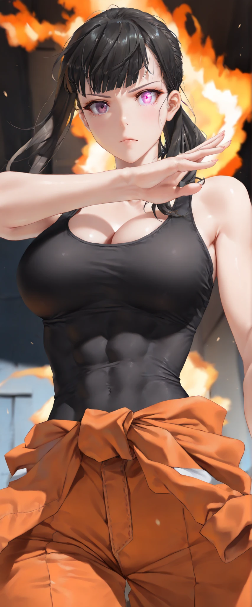 semirealistic, front view, simple dark background, bright orange flames in the background, 1 girl - Maki Oze from Fire Force, adult female, mature adult, long hair,
dark brown hair,
ponytail,
bright glowing purple eyes, glowing eye trail,
black crop tight tank top,
orange pants,
orange jumpsuit,
orange jacket around waist, in action, squaring up, fists up, high detailed, best quality, D Cup Breasts, D Cup large breasts, tall slender body, defined abs, toned body, ultra detailed, highres, best quality, semirealistic, cowboy shot, looking at viewer, sexy waist, sexy hips, sexy figure, curvy figure, slight cleavage, masterpiece, best quality, very aesthetic, absurdres, masterpiece, exquisite quality, highest quality, masterpiece, highest quality, (alone), Textured skin, absurdes, High resolution, best quality, highres, ((((highest quality)))), (((Ultra-precision CG 16K))), (((masterpiece))), (((Very detailed))), (((Extremely detailed))), Maximum clarity and sharpness, Surface Shading, Cinematic lighting, Beautiful details ,Perfect Proportions, accurate, Anatomically correct, Highly detailed face and skin texture, Highly detailed facial and skin texture, Detailed eyes, beautiful hair, Beautiful, Beautiful and beautiful eyes, Beautiful body, Beautiful thighs, Beautiful legs, Beautiful fingers , ((Beautiful Skin)), masterpiece, best quality, very aesthetic, absurdres, masterpiece, exquisite quality, highest quality, masterpiece, highest quality, Beautiful woman, Detailed hairstyle, vMature Woman,(8k,RAW Photos),(Best Quality),(Masterpiece Loose),(Realistic,)(Realistic),(High resolution),Hyper Detail,(Gentle Realism:1.1),Beautiful Face ,High resolution), (8k), (Very detailed), (4K), (Pixiv), Perfect Face, Beautiful eyes and face, (highest quality), (Very detailed), Detailed face and eyes, (alone), Textured skin, absurdes, High resolution, best quality, highres, absurdres, depth of field,(artist:quasarcake:0.8),extreme aesthetic,(wlop:0.6),