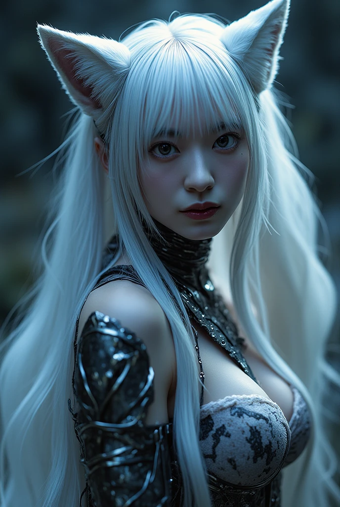 Japanese cute girl with a unicorn horn on her head, Wearing a silver bikini, Has silver horse ears, silver hair, In a fantastical forest shrouded in mist, (Foggy forest), (((huge breasts))), (((realistic))), (((High resolution)))