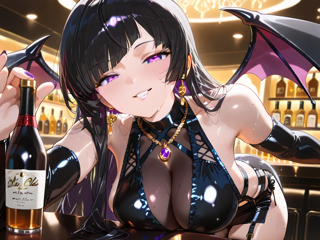 1 mature and seductive woman,(Detailed Description,Incredibly absurd,High resolution,8k wallpaper,masterpiece,Highest quality,Depth of region,Anatomically accurate depiction,A face with attention to detail, Eye for detail,Perfect body,Two lovely hands, Five perfect fingers),(Glowing Skin,Shiny skin,Oilskin),((Sexy succubus in a shiny sequined dress)),(Luxurious accessories,necklace,Earrings,bracelet,stockings),eyelash,(Luminous purple eyes,There is cleavage in the chest,Bewitching Smile,Glossy lipstick,blush,Sidelong glance,profile),Sweat,(whole body),(background:Night Bar,Looking at the audience,Holding a cocktail glass),(((Lie face down with your arms on the bar counter))),(From above:1.1),Purple air
