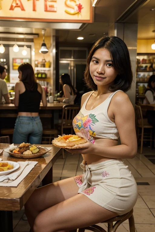 (Art Photography, Award Winning) DV_BoomBoom_Vicious (skinny, slim, small, petite, flat belly) (is wearing a pink miniskirt and a white tied top, (working at a food cart:1.4) in Bangkok),in pattaya, on crowded walking street, by Steve McCurry, 35mm, F/2.8, ((Photo Focus, DOF, Aperture, insanely detailed and intricate, character, hypermaximalist, slutty, beautiful, exotic, revealing, appealing, attractive, amative, hyper realistic, super detailed, heresy flares))(DOF, blurry background,( 5pm, sunset, Neon Lights, Neon Signs:1.3), Bokeh)(Lens Flare, Heresy flare:1.4) god rays, smiling at viewer