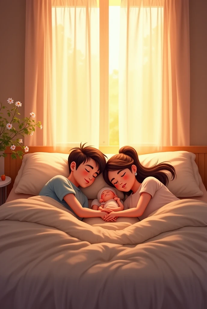 A 2 Girl having twins babies borns in the hospital , laid on bed and a boy of 22 Year kiss her forehead ,there is Buckie of red flower on table along with congratulation board