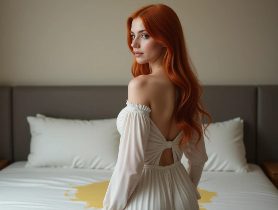((obra de arte)) , ((detalhe absurdo)) , ((ultra realismo)) , there is a very red-haired woman , ruiva , a mais ruiva , vestido cor de rosa , curvas generosas , observando o viewer 