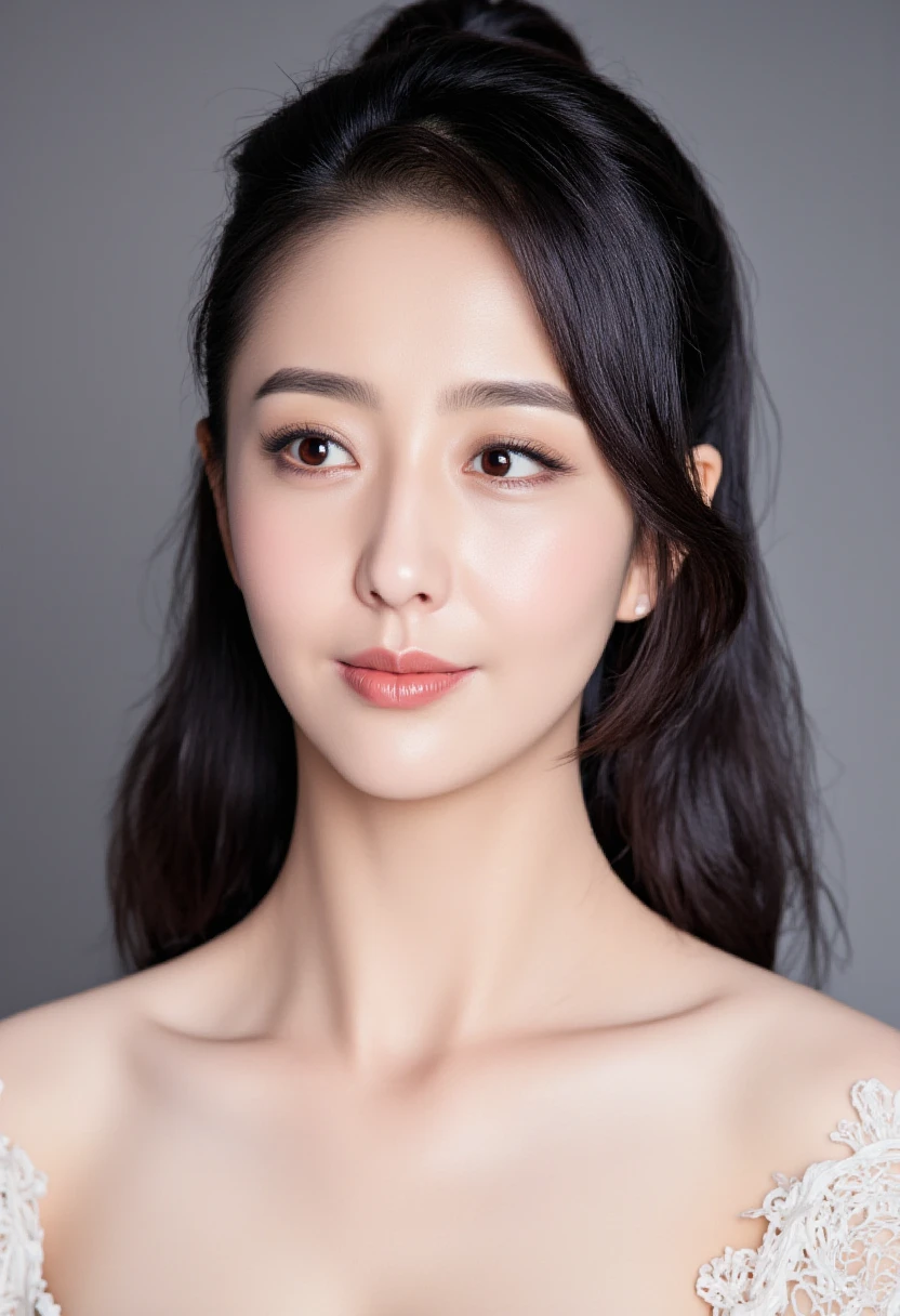 (Best quality:1.4), (ultra high resolution:1.2), (photorealistic:1.4), (8K, raw photo:1.2),(portrait shot:1.3), bmang powder, 1 girl, One, long hair, Black hair, Upper body, White shirt, crop top, navel, NSFW, NAKED, NUDE