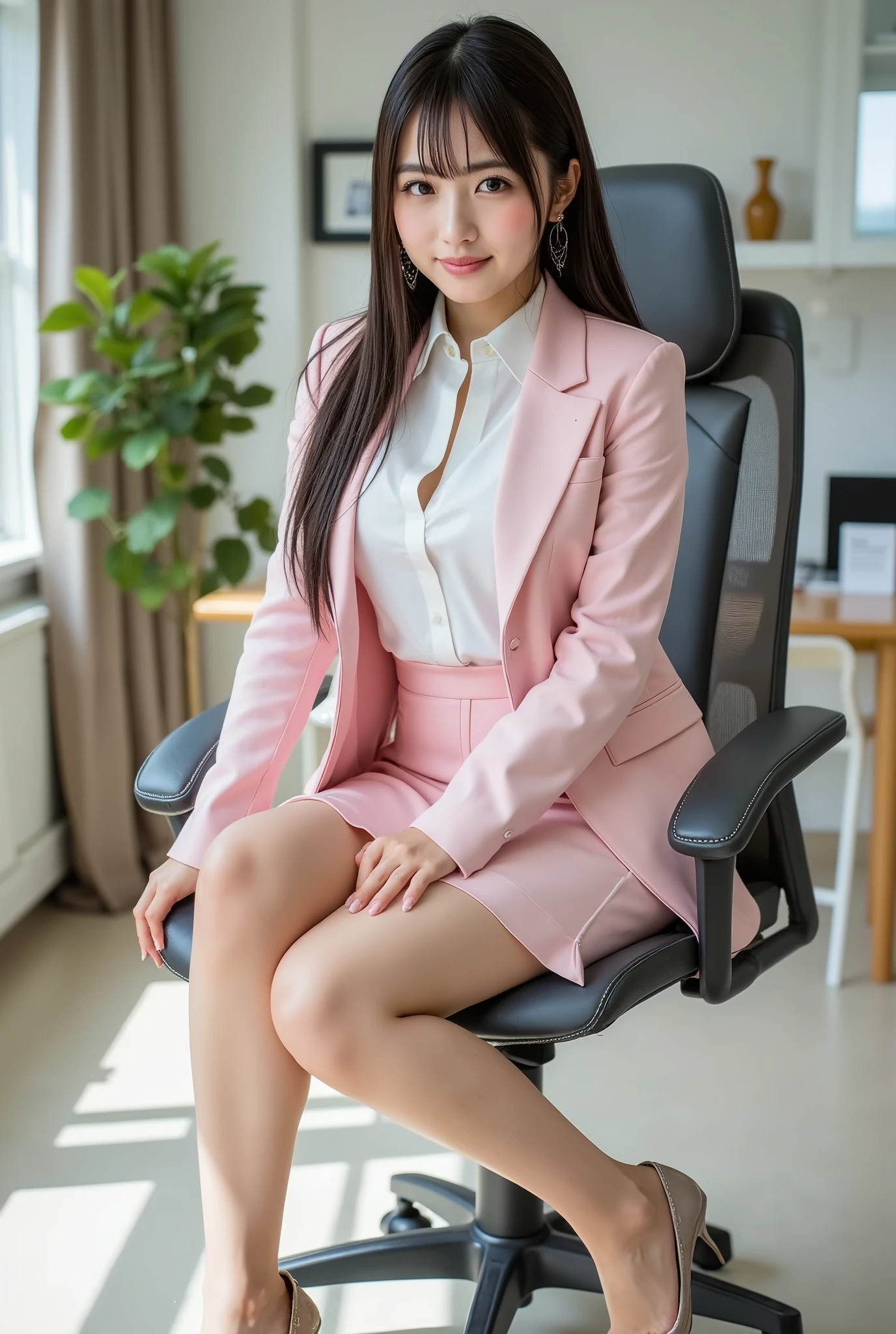 masterpiece, highest quality, realistic, 1 girl, office, mini skirt, blouse, Jacket, night, Pink Women's Suit, OL, beautiful long hair, big ass, , realistic美しいlegs, 胸元が大きく開いたblouse, sit on a chair and cross your legs, stockings, nipple protrusion, My whole body is sticky with body oil, trained body, abs, professional lighting, glowing skin, Full body photo up to the toes