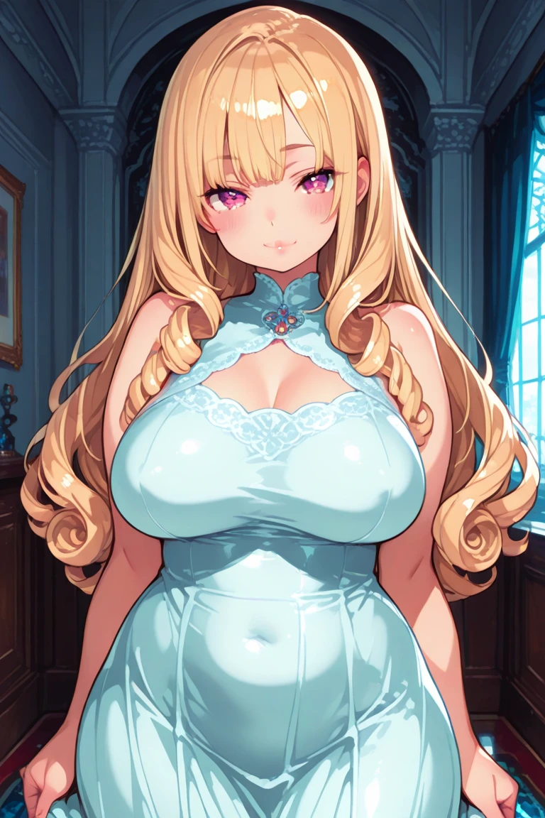 (A woman with big tits)，Gorgeous young girl，clavicle，Prominent and smooth underbreast area，Breath-out，Show the chest，(Rococo)，Gemstone Necklace，Intricate details，Beautifully，Lace，Charm，Detailed modern living room background，endure，(blush)，