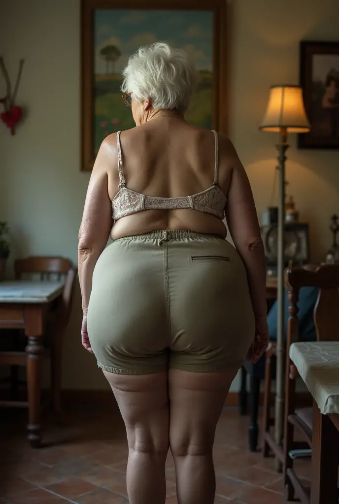 Back view chubby  grandmother full body with big ass wears gray thong with open legs