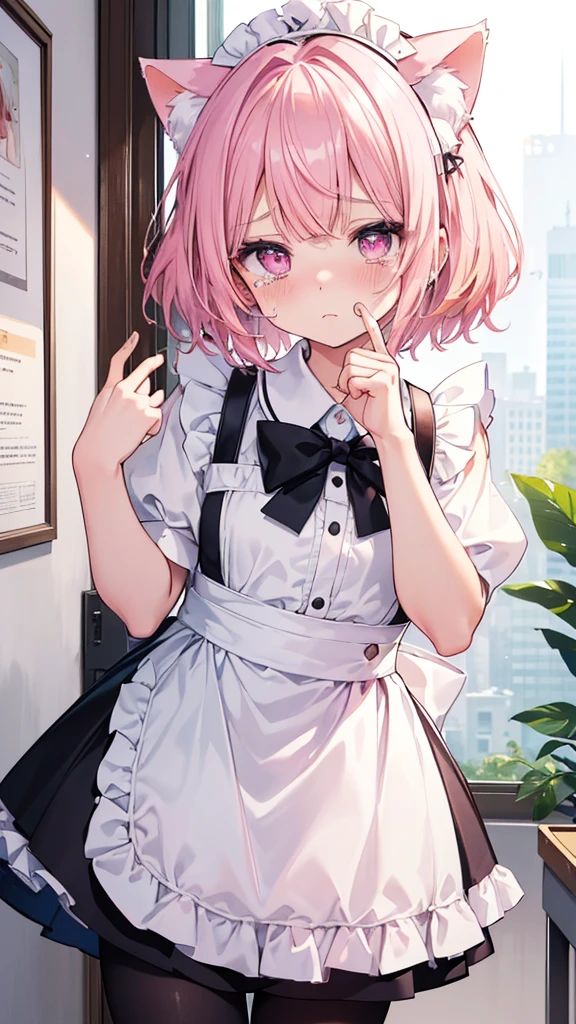 (Highest quality), (masterpiece), 1080P, High resolution, 4K, 8k, Under the chest, handcuffs, constrained, Hands tied, ((Hanging)), ((Black mouth mask)), Underarm, ((Blindfold)), ((Gothicta)), Red nose, Areola, ((strap)), Raise the hand, Show your hand,Shoulder Bare, (Suppressed), (bondage), Panicked, Long Hair, Blunt bangs, whole body, 8-year-old, Haa, hot, Sweat, Bedroom, pierce, Upper Body,NSFW,Light pink short hair、cardigan、Pink Skirt、Putting on a collar、Elementary school girl、Big Mouth、Very beautiful and Shining Eyes、Shining Eyes、1 person、Cat ear、(((((Small body)))))、heart❤、((vapor))