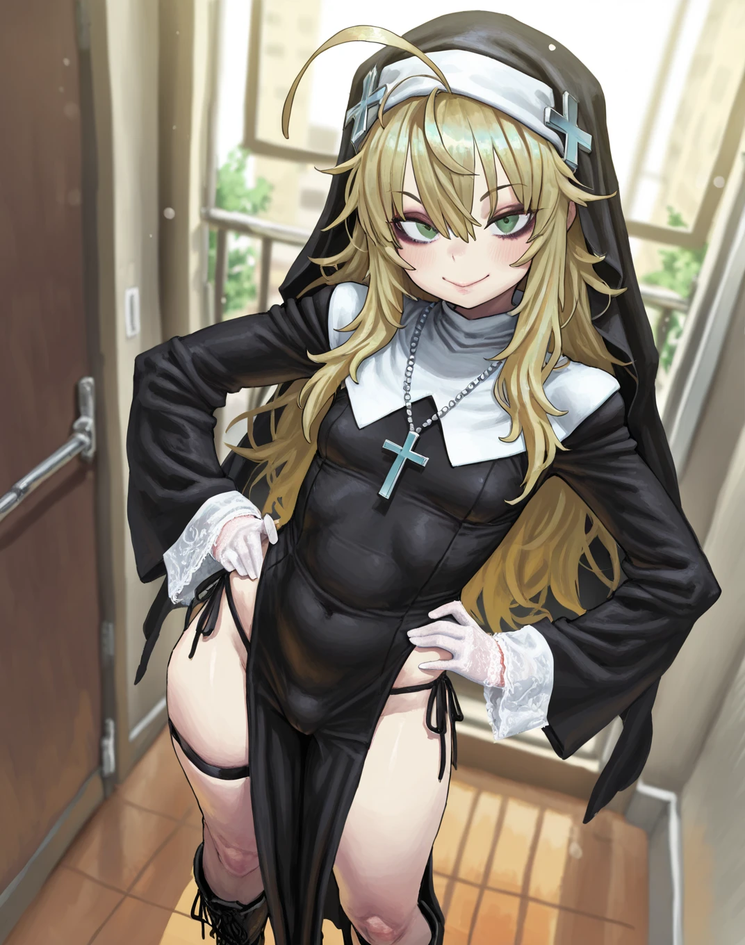 1boy, tidy, futanari, micro penis, Bulge between the legs, tiny girl, young girl, mesugaki, mesugaki smile, Nuns, nun's costumes, Teasing, naughty looks, heart eyes, A girl pointing to her own head:1.3, tidy, Focus on the girl, glossy skin, oily skin, Gravure, pinup, junior idols, Sound, Clothing, vigorous,, Masterpiece:2, Top Quality, high Quality, Very Detailed, ultra High Resolution, super High Resolution, Beautiful Detail, Dynamic angles, perfect lighting, 8k, Animation Style, cartoon style, game cg, sfw,
