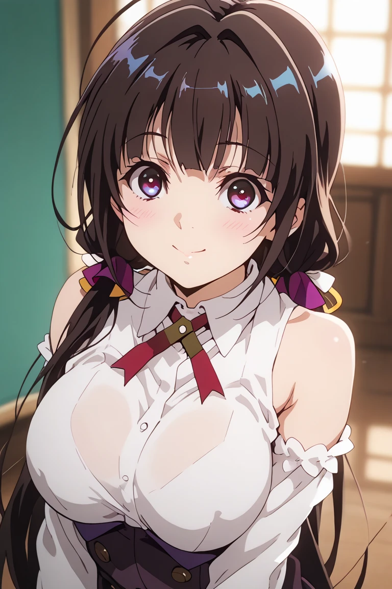souma,inoino,school outfit,standing,indoors,leaning forward,smile,downblouse,<lora:Souma__Spica_-_Exs-Tia:1>,medium breasts,, masterpiece,best quality,amazing quality,