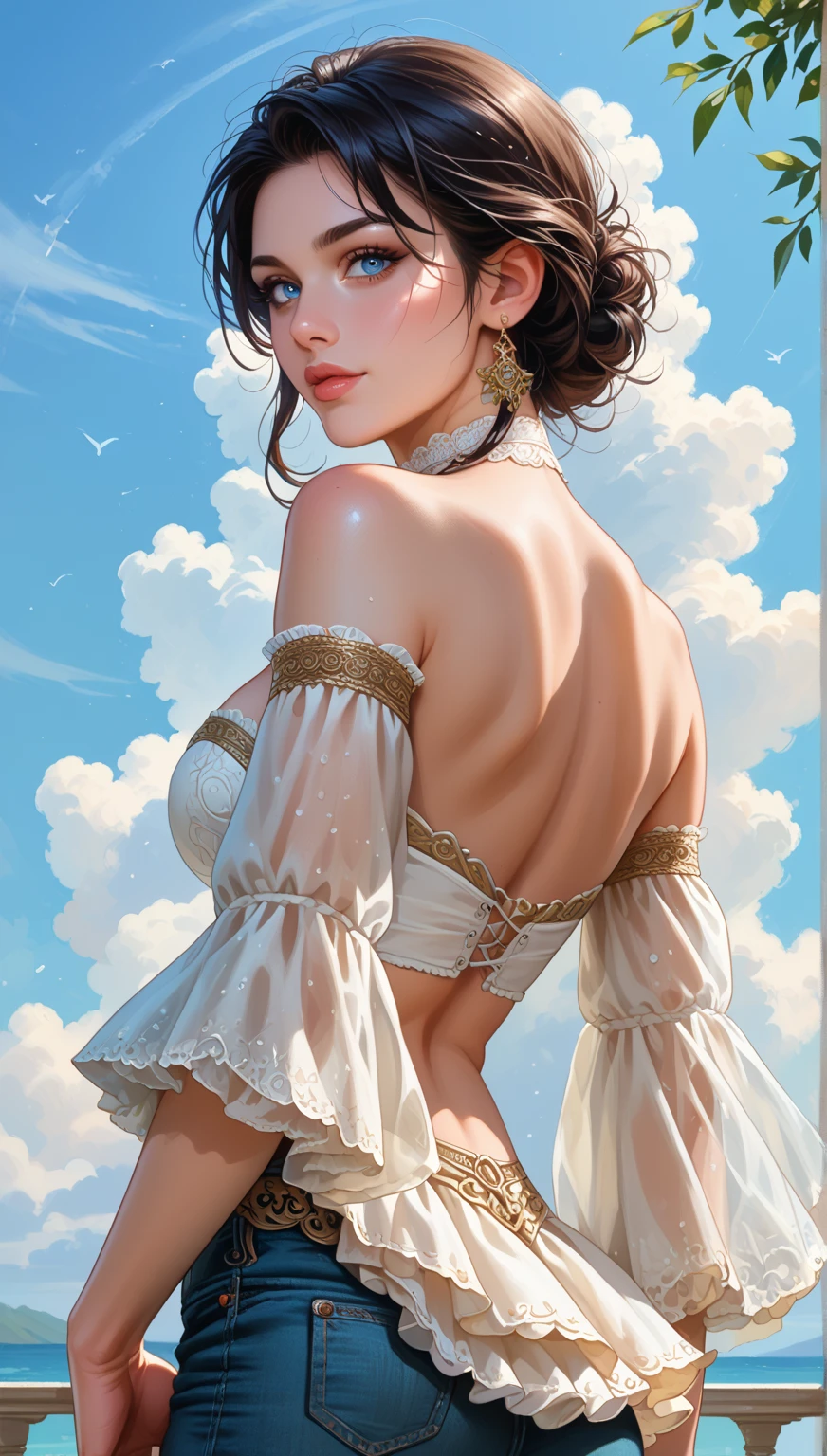 ((masterpiece)), (best quality), (Work),  Art Nouveau watercolor painting , moon goddess  , big breasts，The nipples are prominently prominent，ultra thin bra，thong，show navel，exposed camel toe，big eyes, long, thick eyelashes, plump lips, dark red eyes, hair long and thick,  high ponytail, chubby, flowery_background, Intricate designs and patterns in the style of Alphonse Mucha.from behind