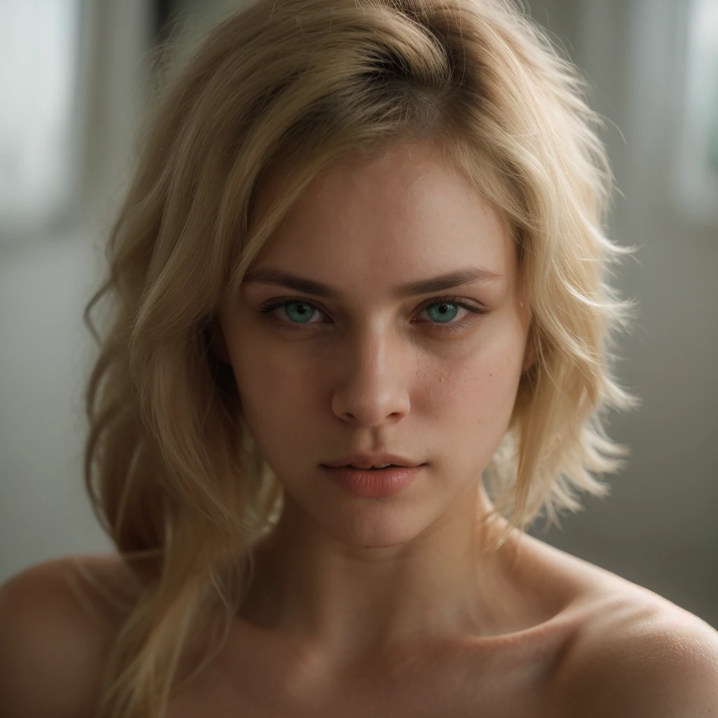 1girl, realistic, detailed facial features, beautiful blue eyes, delicate porcelain skin, long blonde hair, naked, peeing, surprised expression, golden light, dramatic lighting, highly detailed, photorealistic, 8k, intricate details, cinematic composition, moody atmosphere, muted color palette, dramatic shadows