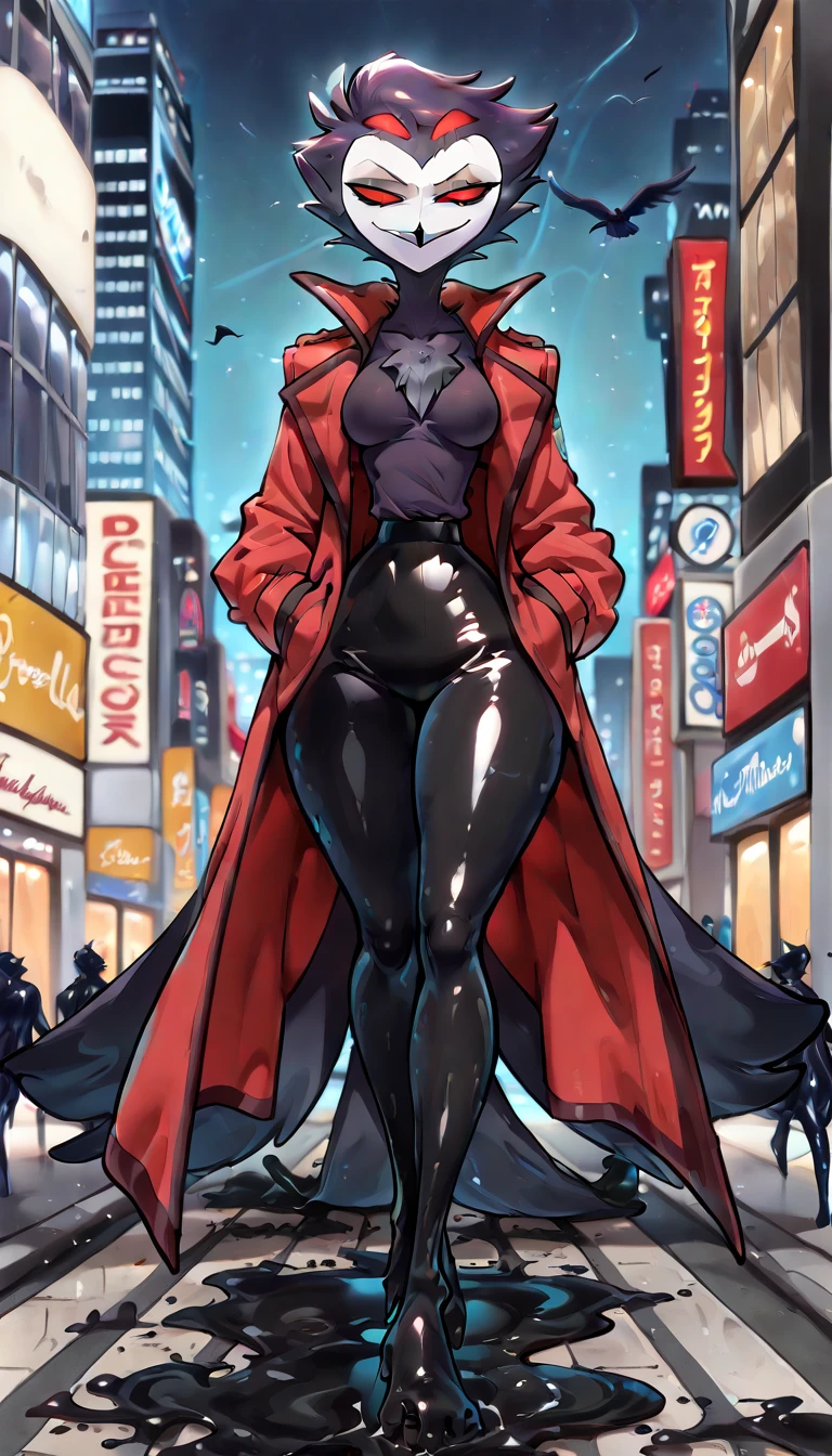 anime girl in a red and black suit standing on a city street, extremely detailed artgerm, style artgerm, style ivan talavera and artgerm, krenz cushart and artgerm, range murata and artgerm, artgerm style, in the style artgerm, ig model | artgerm, artgerm detailed, black hair, long hair, medium hair, blue eyes, (leotard), bare legs, matching boots and gloves, superhero, bracelets, solo, solo focus, (silver (v) (symbol) on chest), (matching trench coat).