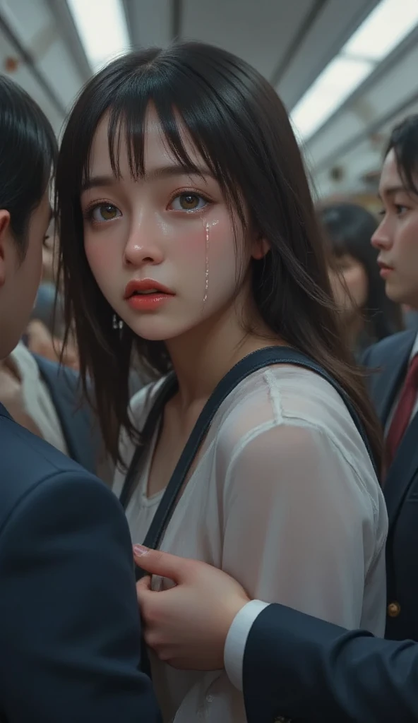 anime art style, girl, (crying, tears:1.5), walk underpass, crowd, best quality, masterpiece, high details, Ultra intricate detailed