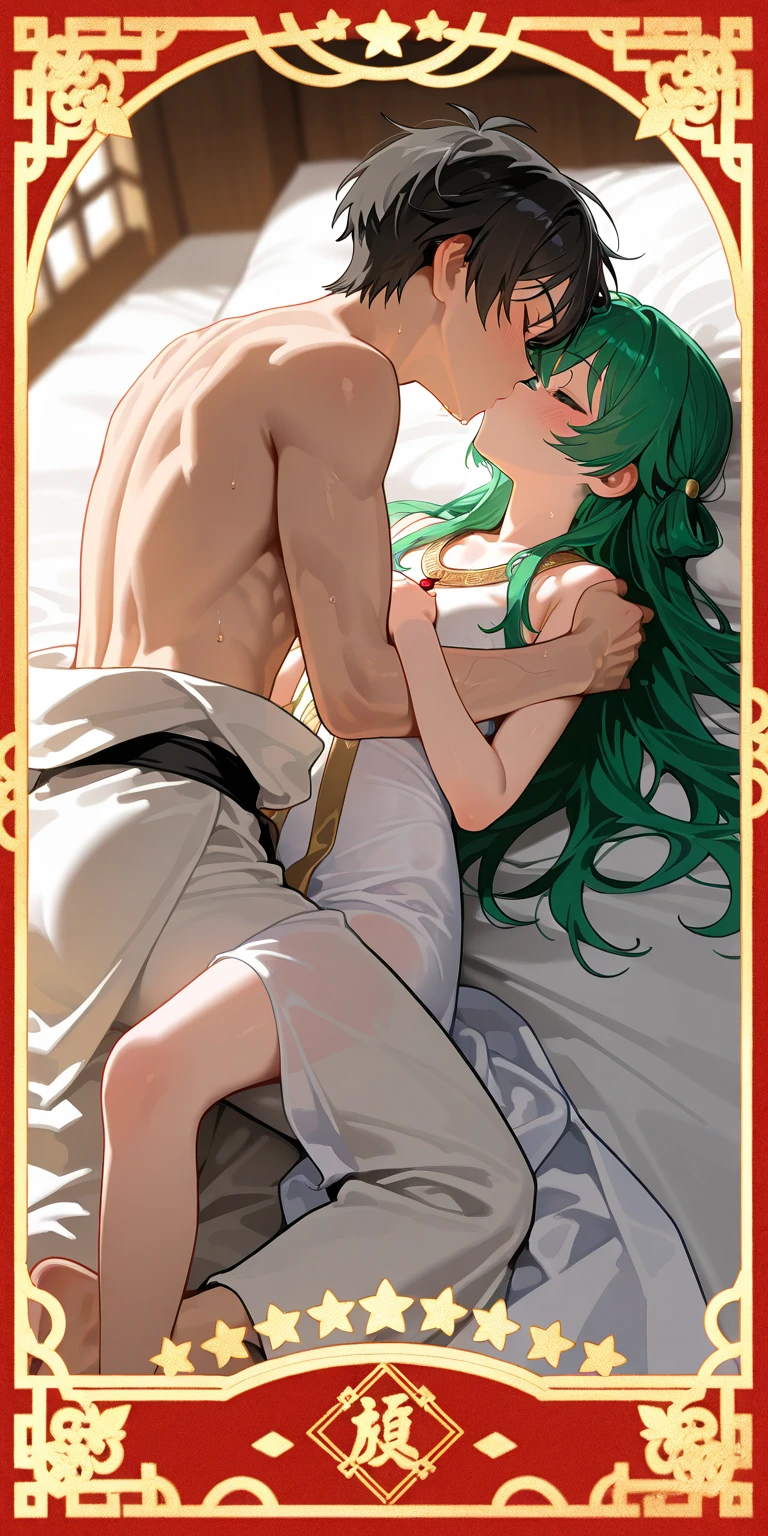 NSFW,((1man with 1woman,Having sex)),Lying girl,show off nipple,Tiara on the head,short light green hair，White and green dress decorated with gold ornaments，Light and dignified, Cute, Top image quality,masutepiece,Gorgeous room,garter strap
