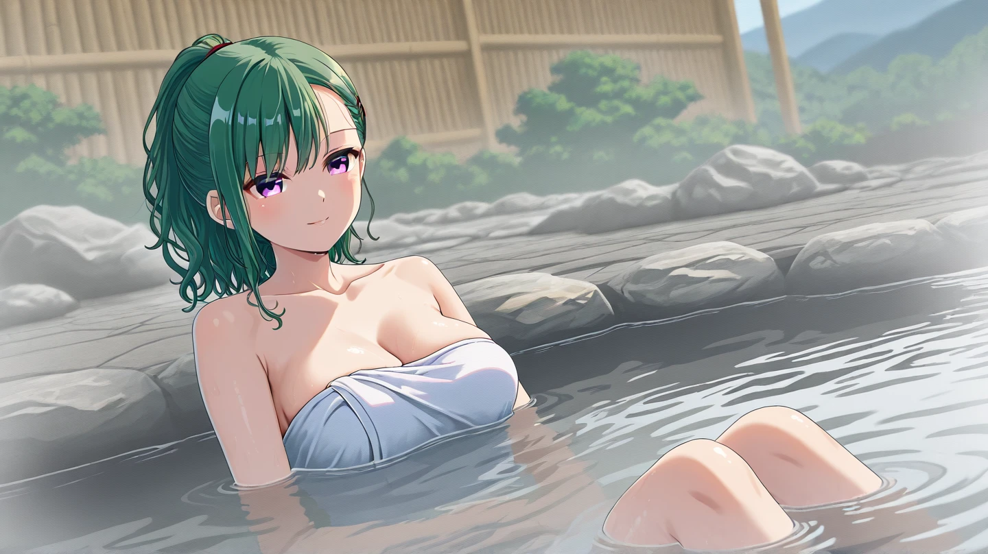 yamashina mizuho / Mizuho Yamashina, masterpiece, best quality, a mature sexy model posing fully naked by a rocks near the hot spa, 1girl, breasts, ass, nipples, onsen, nude, from behind, solo, wet hair, outdoor, looking at viewer, water, wading, sweat, smile, blurry, sexy female teacher, long hair, asymmetrical bangs, green hair, medium breast, nice ass, green eyes, slender face, beautiful tits, beautiful ass