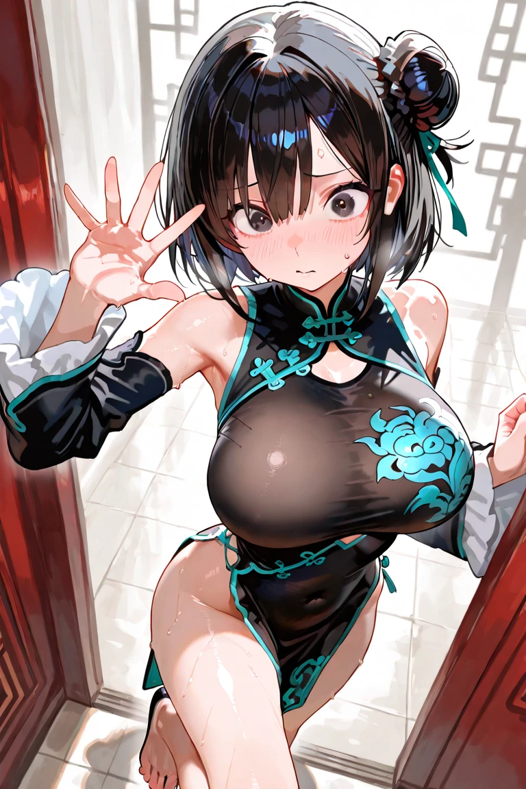 ((Top Quality)), ((Excellent)), (Details), , cate, Ultra-Realistic, Stunning Environment, Bright Colors, 13 Years Old,((Blue Eyes)) , Black Hair, (Childish Face), ((shy-smile)),(twin bun hair), ((From Above)) ,((close_up)), Medium Breasts, ((red cheongsam)), ((Nude)), ((topless)) , ((Chinatown)), (extreme_close_up),Top view, Chinese street,Taiwan, ((Open chest)), (one hand on hip),