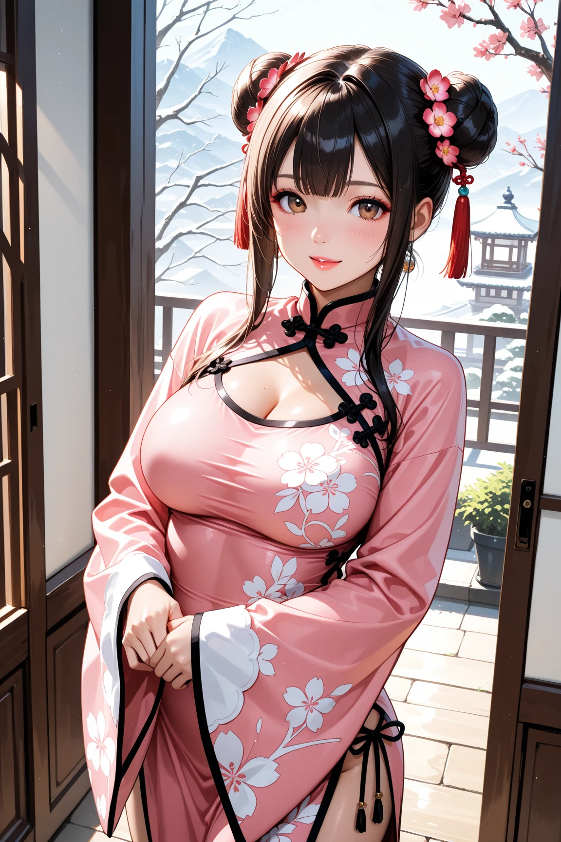 (((beautiful))), (((kimono, See-through, See-through))), ((Black Hair, parted bangs, forehead, ponytail, hair ornaments, Chubby)), One Woman, Large Breasts, Huge Saggy Tits, Cleavage, Glowing Skin, Sweat, (((Intricate details))), High resolution, ((Intricate details, Ultra-detailed)), Are standing, from front, wide shot, (looking at viewer, look at viewer), Red cheeks, smile, night,