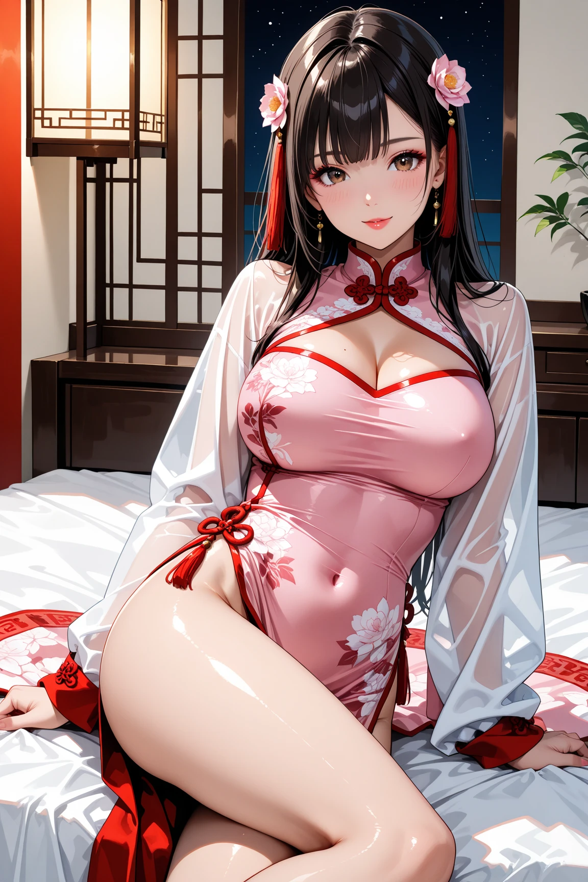 Beautiful 15 year old Chinese Kung Fu girl princess with long black hair Gorgeous embroidery, Ultra glossy, She is wearing shiny red long sleeve floral pajamas.... She is fucked hard by the Emperor on her red patent leather futon and has his penis thrust into her pussy