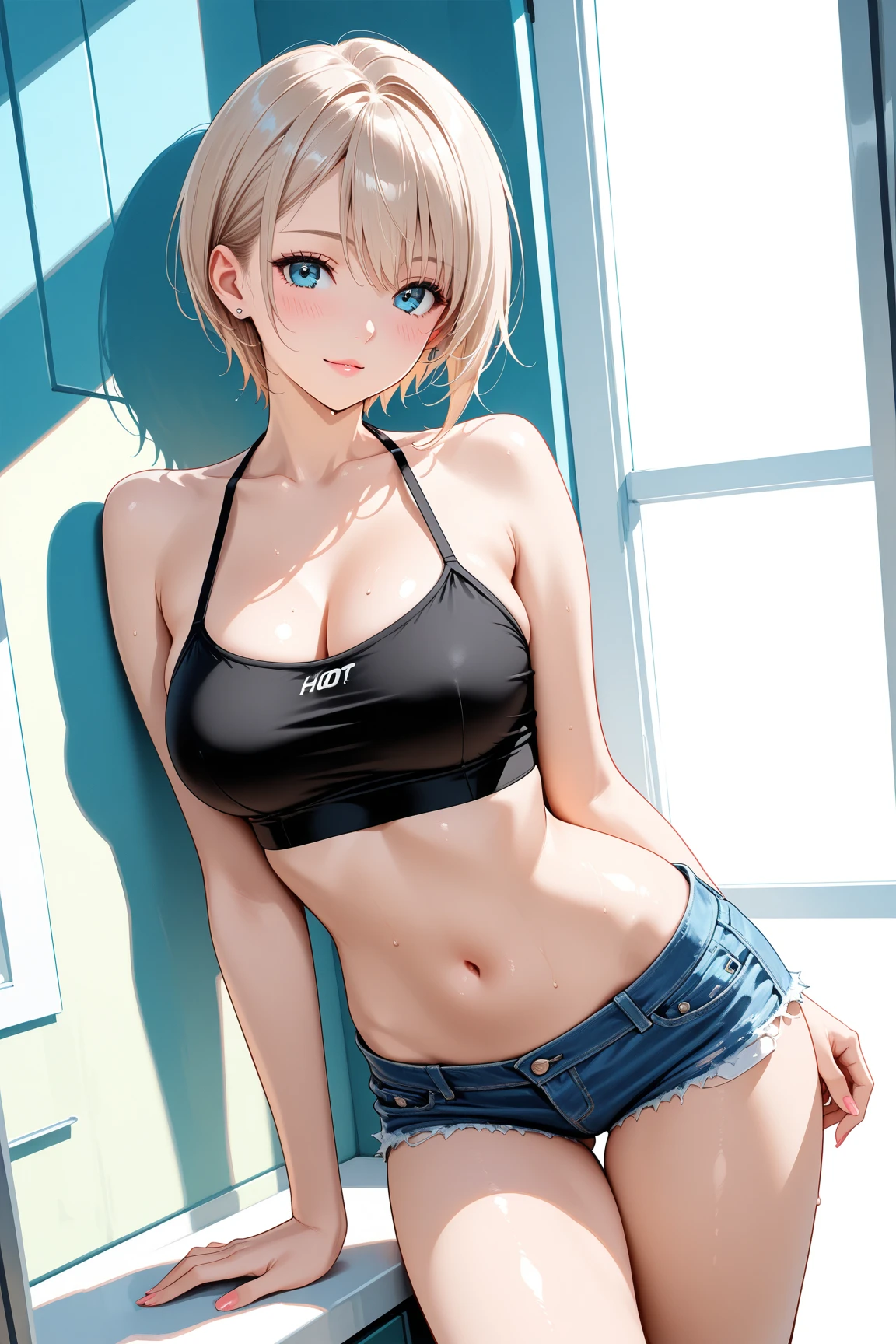top-quality))、((​masterpiece)、Skin luster、Face Real、18 year old girl、Hair Short Blonde、Close-up of a skyscraper looking up from the basement、(Opaque Bikini)、Wearing shorts。sexy  pose、Breasts enlarged、Sunset