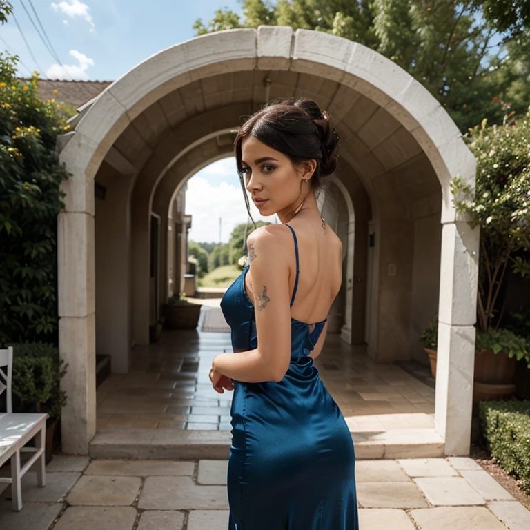 (a woman in a midnight blue satin gown, standing in the grand ballroom of a historic mansion), (hands behind back), a beautiful girl like famous icons such as Megan Fox, (dark hair and dark eyes), 4k, RAW UHD portrait photo, detailed (texture!, hair!, shine, color!!, flaws: 1.0), (looking at the camera), (large bosom: 1.5), extreme quality, sharp focus, (centered), Fujifilm XT3, crystal clear, center of the frame, complex eye details, highly detailed glowing eyes