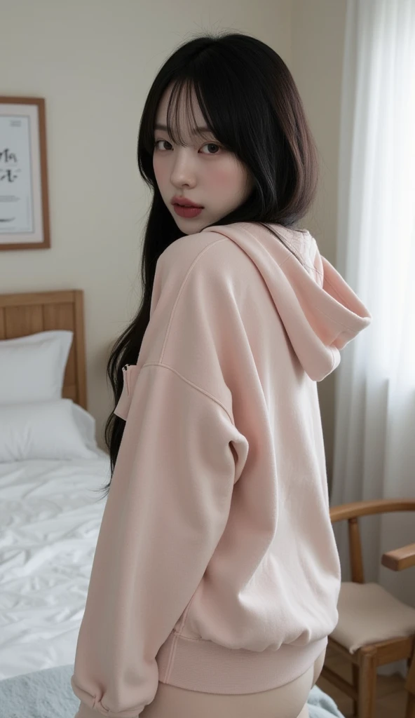((1girl)), in pink hoodie, instant camera flash, makeup with glossy lip, small breasts, (pink hoodie), various angle, ((face focus)), 22 years old, Beautiful Japanese Girl, (nsfw:1.4), realistic light, realistic skin tone, (standing pose:1.4)