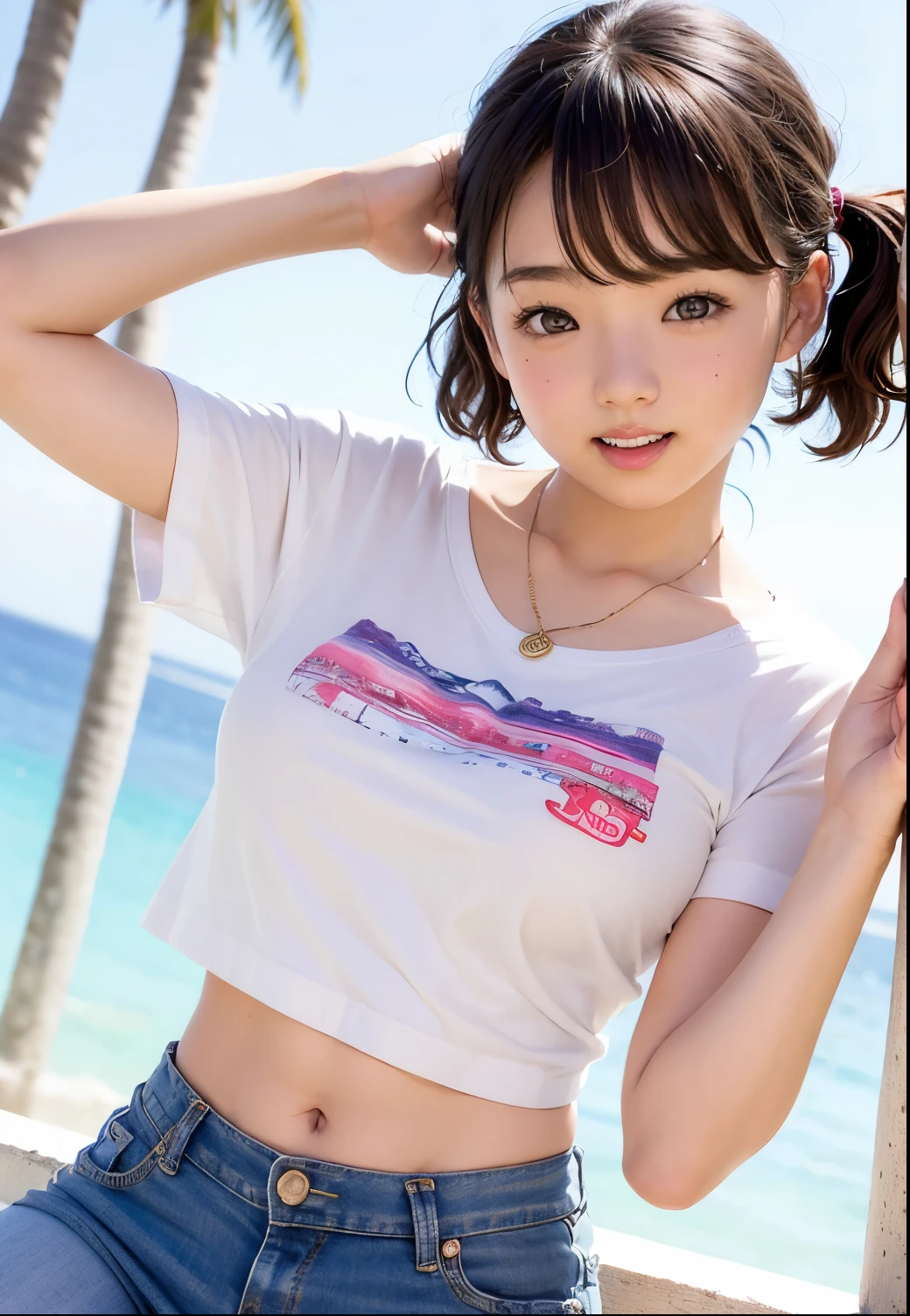 femele,(((Japan12 years old))),Brown hair,(((maikurobikini))),(((shortpants)))(((White T-shirt)))Hair fastening to bangs,The whole body is wet with water,sand beach,Natural smile,((())),Beautiful udder,Shorthair,