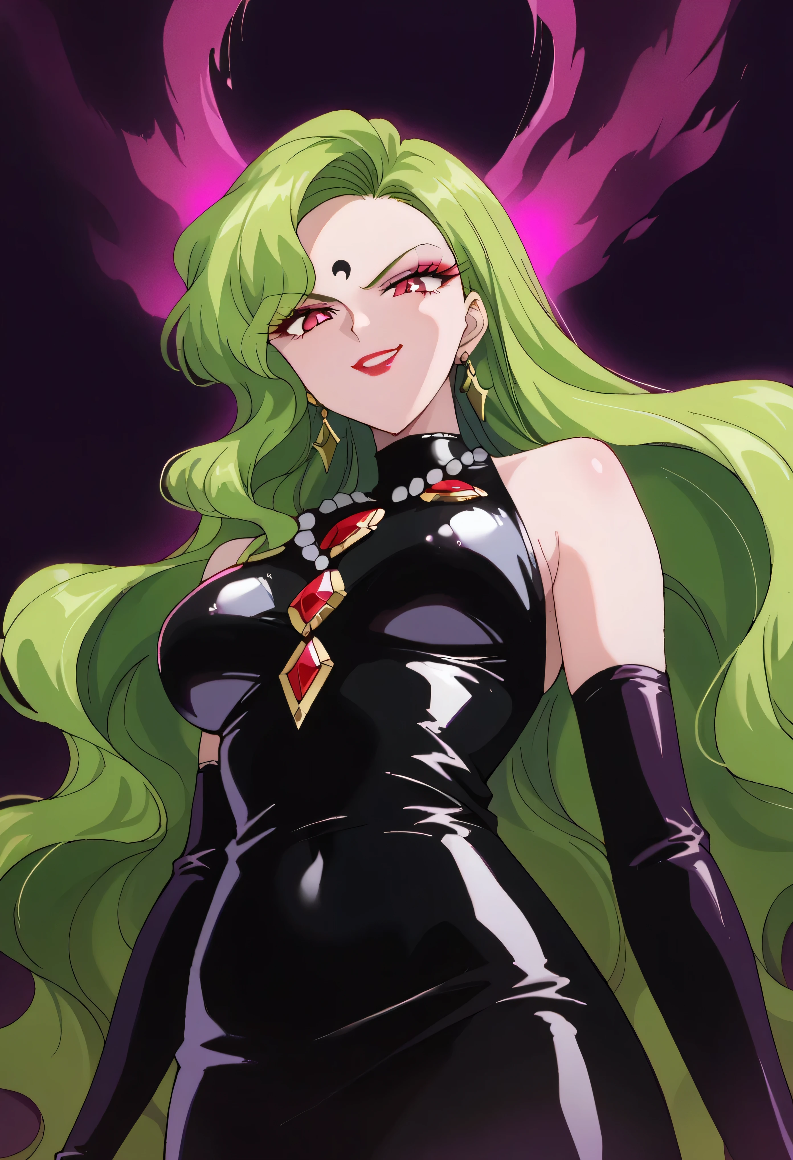 1 woman, beautiful face above the castle gate, green hair, very long hair, wavy hair with a graceful expression, LATEX ONLY , latex gloves, red lipstick, makeup, elbow-length gloves, eyeshadow, bare shoulder,shiny latex black dress, gemstone necklace that crosses the see-through,Pile of purple crystals,earrings, Black fog background , (dark aura:1.9), go up and open your mouth wide ,、Self-conceit,from below,Looking Down at Viewers,(evil smirk:1.5),Anime Coloring,The black crescent moon on the forehead,young lady pose,black and purple background,