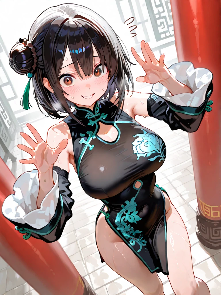 tmasterpiece，Best quality at best，Highest quality，Perfect ???????，s the perfect face，perfect  eyes，1girll，dbzch1ch1，（Black color hair:1.4)，Lateral hair，By bangs，(Off-the-shoulder attire:1.3)，single hair bun，hair-bun，（黑The eye），Orange cashmere wrapped，Red spherical earrings，Red wristband，Purple cheongsam, upperbody closeup