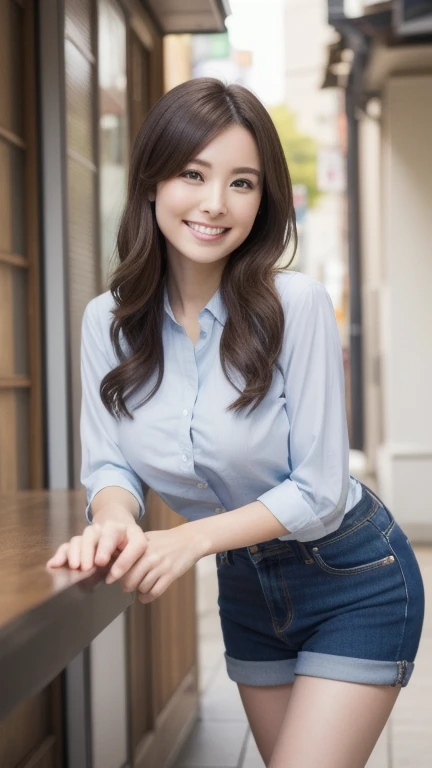 (((One girl,alone))),(Highly realistic photos, High resolution, Detailed face, Beautiful Eyes) Japanese women, 21 years old, Cute face, alone:1, Nice body, Plump figure, Medium chest, ,Hairstyle, Very closely tied, Take a photo book,Blade Runner,shirt、Healthy Body,smile,Thighs
