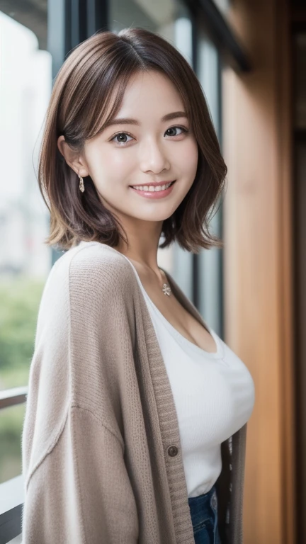 (masterpiece:1.3), (8k, Photorealistic, Raw photo, Best image quality: 1.4), Japanese 、(Random Hairstyles:1.2)、Cleavage:1.2、Super detailed face、Attention to detail、double eyelid、Close your chest、Sharp focus:1.2、Beautiful woman:1.4、Light brown hair、highest quality、masterpiece、超A high resolution、(Photorealistic:1.4)、Highly detailed and professionally lit smile、Loose, lightweight knitwear、Shoulder out、thin、Serious expression、Short-haired、Deadly position
