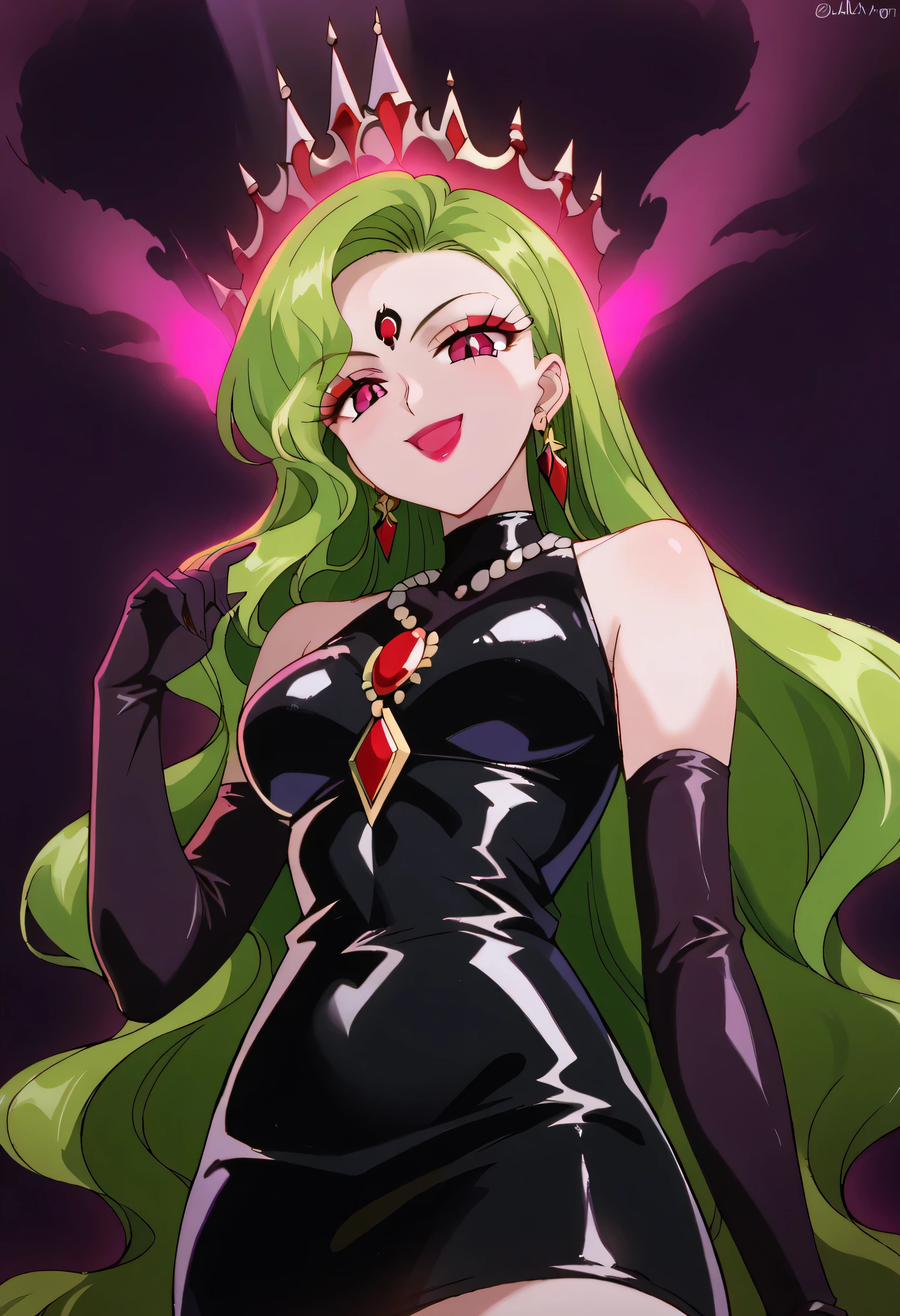 1 woman, beautiful face above the castle gate, green hair, very long hair, wavy hair with a graceful expression, LATEX ONLY , latex gloves, red lipstick, makeup, elbow-length gloves, eyeshadow, bare shoulder,shiny latex black dress, gemstone necklace that crosses the see-through,Pile of purple crystals,earrings, Black fog background , (dark aura:1.9),   go up and open your mouth wide  ,、Self-conceit,from below,Looking Down at Viewers,(evil smile:1.9),Anime Coloring,The black crescent moon on the forehead,young lady pose,black and purple background,