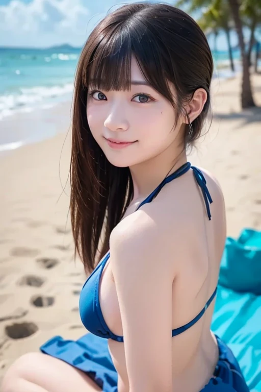 1girl, , Famous idol, 1cute girl, very young face, masterpiece, high quality, small face, (very small tits:1.8)separately micro bikini style, sexy pose, dramatic angle:1.4, Stroll around sandy coast,half smile:0.5,