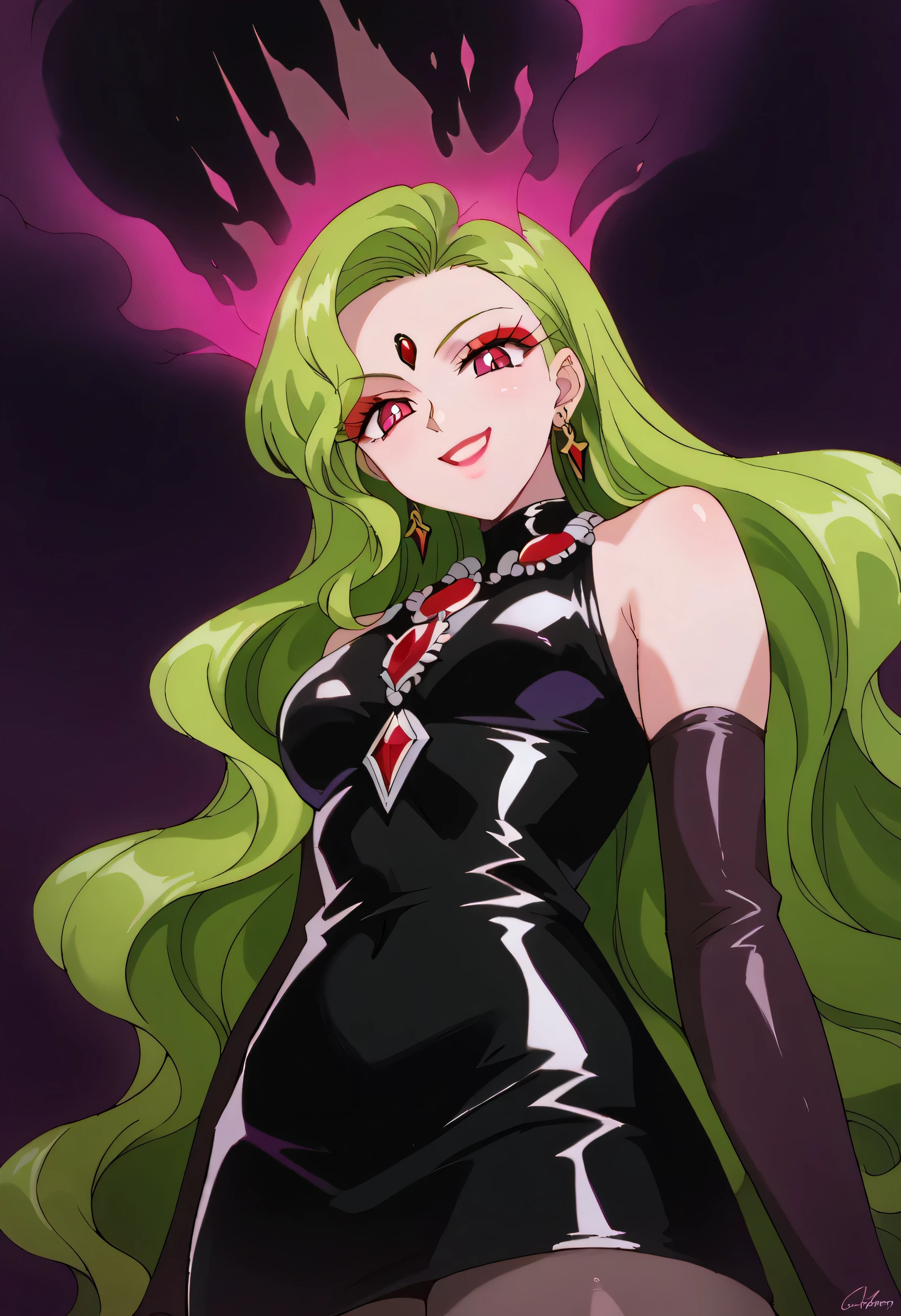 1 woman, beautiful face above the castle gate, green hair, very long hair, wavy hair with a graceful expression, LATEX ONLY , latex gloves, red lipstick, makeup, elbow-length gloves, eyeshadow, bare shoulder,shiny latex black dress, gemstone necklace that crosses the see-through,Pile of purple crystals,earrings, Black fog background , (dark aura:1.9), go up and open your mouth wide ,、Self-conceit,from below,Looking Down at Viewers,(evil smile:1.9),Anime Coloring,The black crescent moon on the forehead,young lady pose,black and purple background,