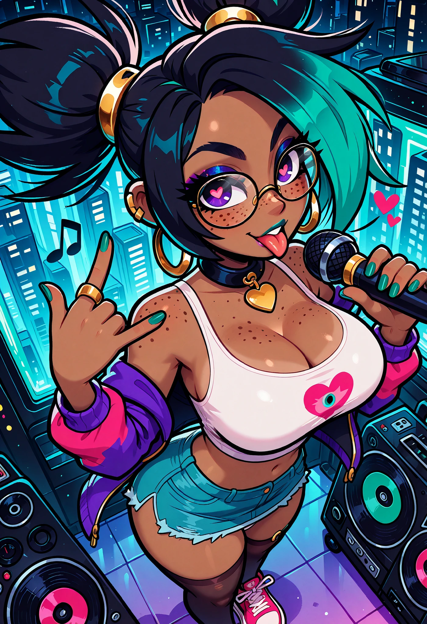 masterpiece, best quality, very aesthetic, absurdres, safe, (masterpiece), 1girl, solo, best quality, expressive eyes, perfect face, newest, perfect anatomy, flawless face, dark skinned African female with pigtails and glasses, hoop earrings, gold rings, off the shoulder tank top, midriff, denim miniskirt, multicolored hair, white panties, collar with heart pendant, sneakers, color saturation, makeup, lipstick, glossy lips, freckles, big breasts, big butt, hair blowing in wind, green hair, two-tone hair, seductive expression, sexy look, looking at viewer, black knee high stockings, dimly lit, backlit, backlighting, at a party, wallpaper, colorful pink and green cloudy sky, city skyline in the background, heart ring, boombox, turntable, holding a microphone, music notes, L finger sign on head, sticking tongue out at viewer, pov from above, portrait