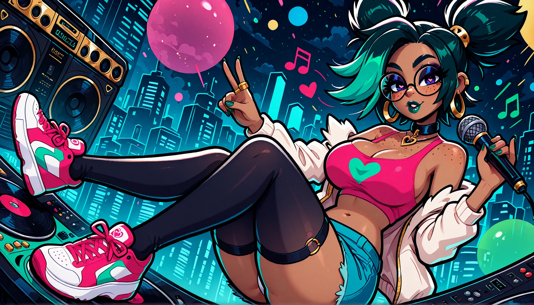 masterpiece, best quality, very aesthetic, absurdres, safe, (masterpiece), 1girl, solo, best quality, expressive eyes, perfect face, newest, perfect anatomy, flawless face, dark skinned African female with pigtails and glasses, hoop earrings, gold rings, off the shoulder tank top, midriff, denim miniskirt, multicolored hair, white panties, collar with heart pendant, sneakers, color saturation, makeup, lipstick, glossy lips, freckles, big breasts, big butt, hair blowing in wind, green hair, two-tone hair, seductive expression, sexy look, looking at viewer, black knee high stockings, dimly lit, backlit, backlighting, at a party, wallpaper, colorful pink and green cloudy sky, city skyline in the background, heart ring, boombox, turntable, holding a microphone, music notes, peace sign