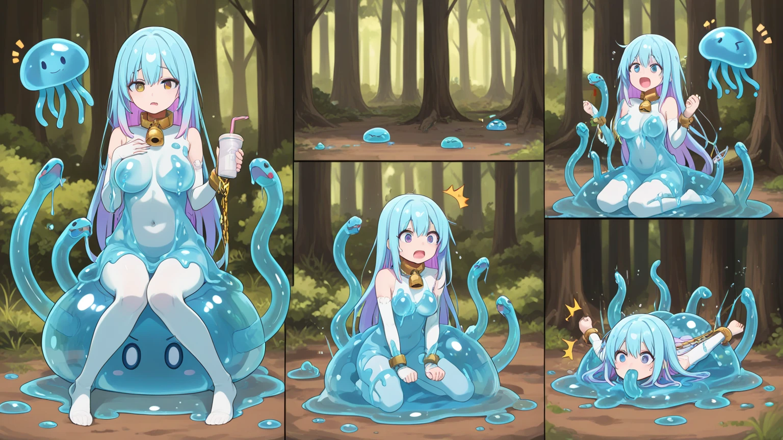 multiple female, Yui, slimey,Multiple slime conversion processes ,sedan \(substance\), Blue skin, (Long blue hair:1.2), look at viewr,fullnude,Colossal tits,Blushing face,Esbian,hightquality,face confused,A large number of frames before and after the slime change, Separated by many frames,(Multiple processes of being attacked by slime and becoming hognate with slime:1.5)