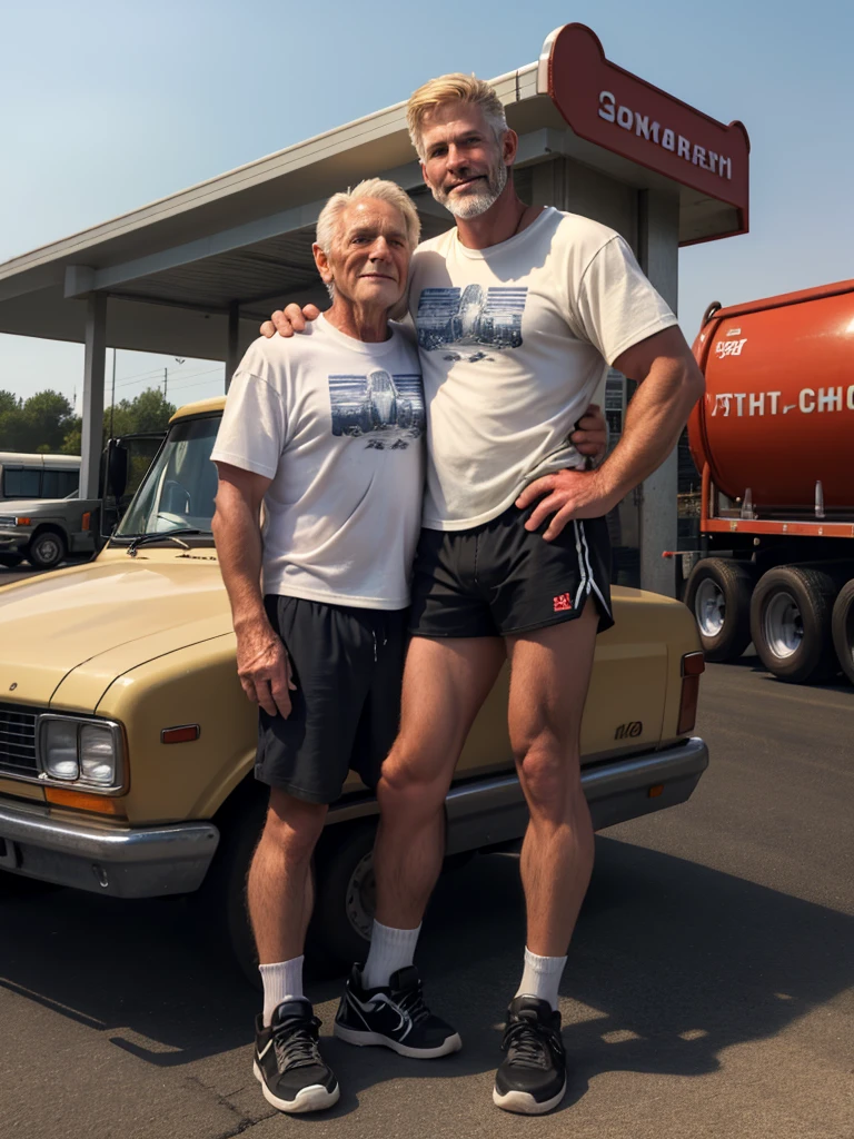 (handsome mature man), (50 yo), white man, wearing spandex, bulge, (beefy:1.3), beard, looking at viewer, beautiful man, detailed eyes, symmetric face, smirk, robust, greying hair
