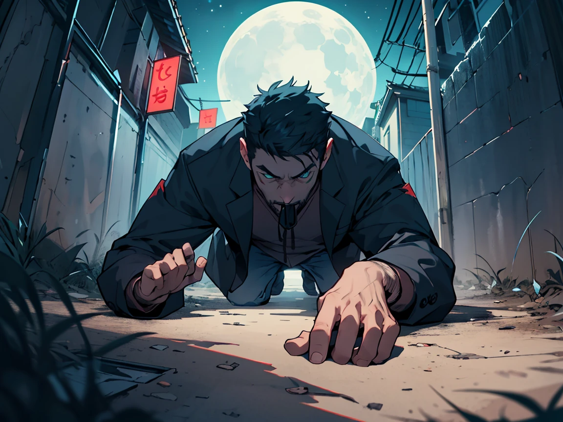 The hero, kneeling among the burning ruins, holds his dead friend. Tears in his eyes and clenched jaw show his pain. His expression (well detailed) changes to fury as the traitor walks away into the distance. 2.5d anime style with vertical image format. a single detailed panel