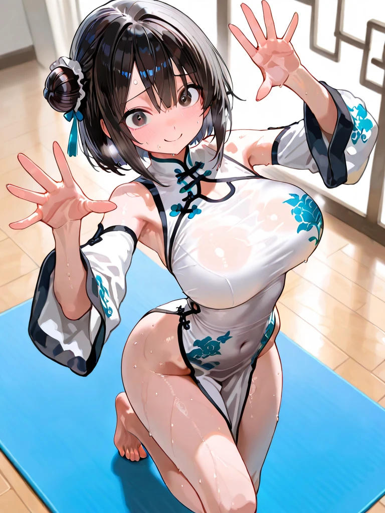 {(japanese high school girl)}, (white and light blue striped pantie with ribbon:1.3), ニーソックス:1.2, camel toe:1.2, (Squat and open your crotch:1.2, open legs:1.5), front view:1.5,
multilayer textureperfect proportions, octane rendering, duotone lighting, Low ISO, wide aperture, White balance, Rule of thirds, ultra HD16k, HDR (High Dynamic Range), Ray Tracing, NVIDIA RTX, Super Resolution, Subsurface Scattering, PBR Texturing, Post Processing, Anisotropic Filtering, Depth of Field, Maximum Clarity and Clarity, High efficiency subpixel, subpixel convolution, particles of light, light scattered, Tyndall effect, full body:1.5, , cute, (cute:1.2), (bob cut:1.3),三つ編み, 黒髪, 太い眉毛, 薄い色の虹彩, 大きくて輝いている黒い瞳, 長いまつげ, 小さく薄い色の自然な唇, (Average face of Japanese idols), (日本人特有の童顔:1.3), (baby face), 広いおでこ:1.2, ふっくらした頬, 小さな顎, visible side boob, (from below:1.5), from directly below. looking at viewer,Focus on the eyes,with sleek and menacing design, (完璧な4本の指, 親指1本),