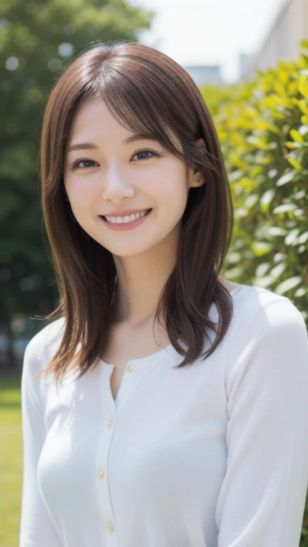 最high quality, 8k, Vibrant, Sharp focus, high quality, High resolution, Middle-aged women, Mature Woman, 49 years old, (Whole Body Ezbian), (Facial details in high heels, Highly detailed eyes, Thick lips, Whole body shape、Plump face、(( 1.6))、Big Ass、Beautiful views、Outdoor,Are standing,White T-shirt,Hairstyle is free、A kind smile、sunlight,