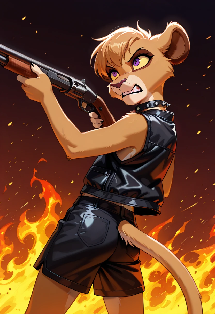 score_9, score_8_up, score_7_up, score_6_up, best quality, highly detailed, detailed fur, detailed background, solo, anthro, 1girl, lioness, young, younger, black spiked collar, Vitani, purple eyes, yellow sclera, black vest, black shorts, holding weapon, holding shotgun, Shoots a monster in the face, aggressive scream, shooting, flame from the barrel, shot, bloodsucker