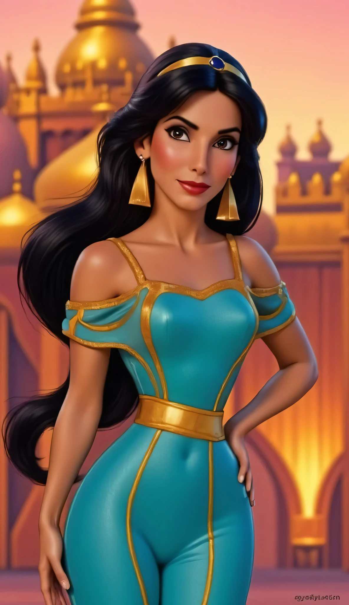 "Full-body portrait of Sandra Bullock as Princess Jasmine from Disney's Aladdin, wearing a turquoise royal outfit with gold accents, long black hair in Jasmine's iconic ponytail, large gold earrings and a sapphire tiara, standing gracefully in front of the animated-style Agrabah palace at sunset, golden domes and Arabian architecture in the background, warm lighting, soft magical atmosphere, highly detailed, realistic face, Disney animated style blend"