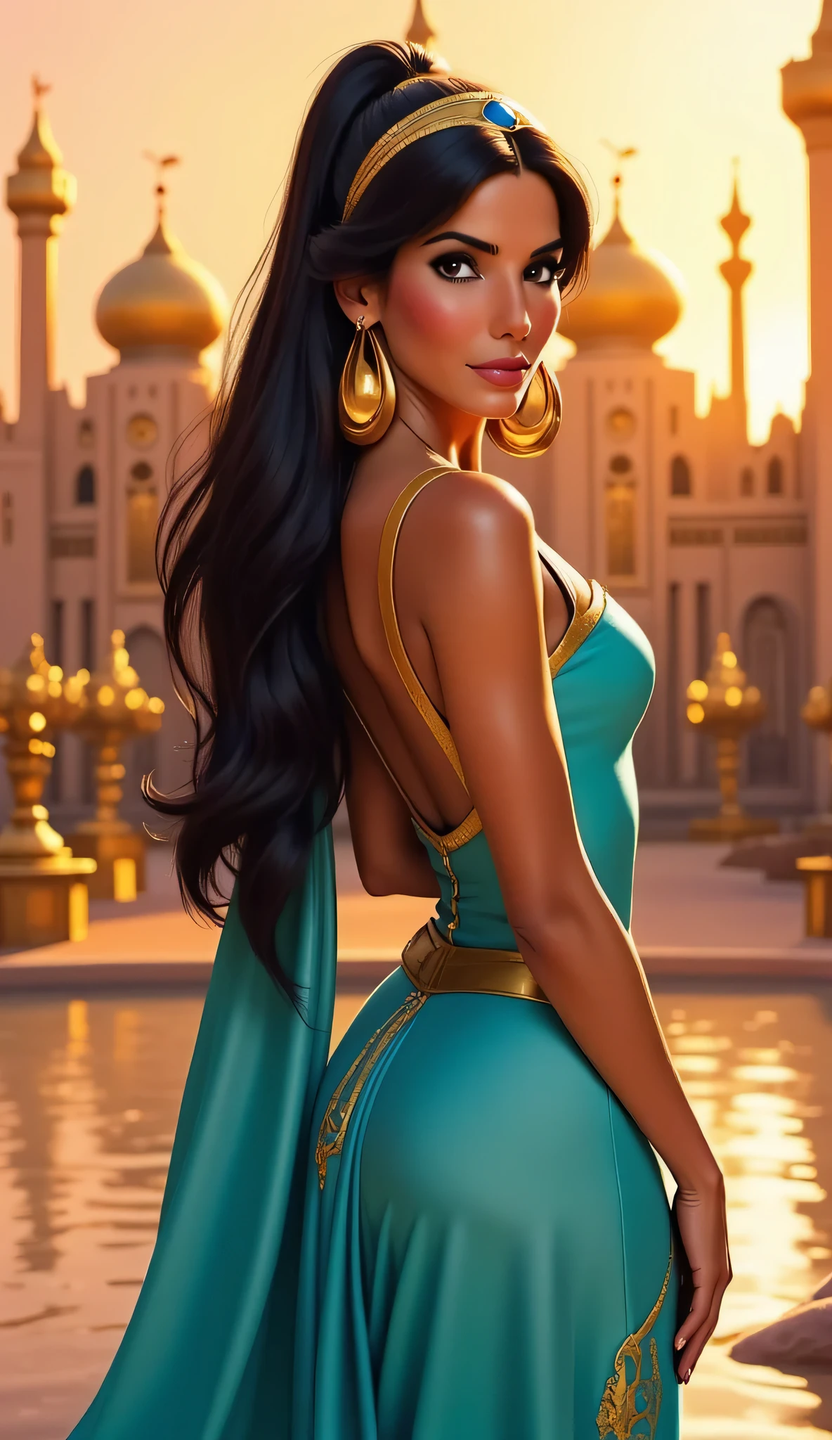 "Full-body portrait of Sandra Bullock as Princess Jasmine from Disney's Aladdin, wearing a turquoise royal outfit with gold accents, long black hair in Jasmine's iconic ponytail, large gold earrings and a sapphire tiara, standing gracefully in front of the animated-style Agrabah palace at sunset, golden domes and Arabian architecture in the background, warm lighting, soft magical atmosphere, highly detailed, realistic face, Disney animated style blend"